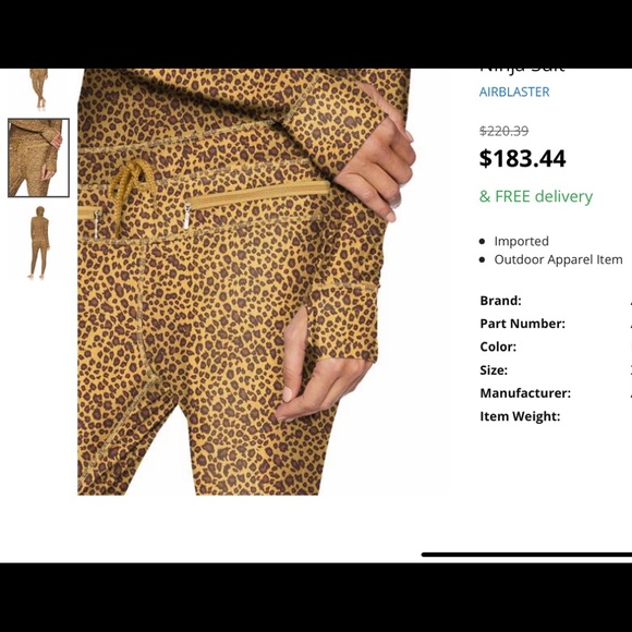 Airblaster Classic Ninja Suit Winter/Ski Base layer in Cheetah Print Women’s XS - Picture 6 of 7